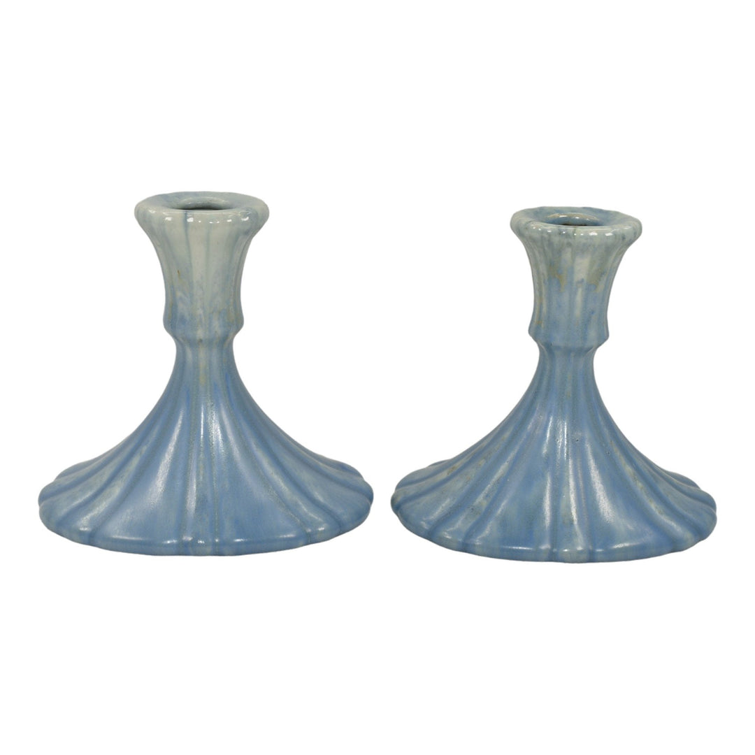 Roseville Tourmaline Blue 1933 Vintage Art Pottery Ceramic Candle Holders 1089-4 - Just Art Pottery