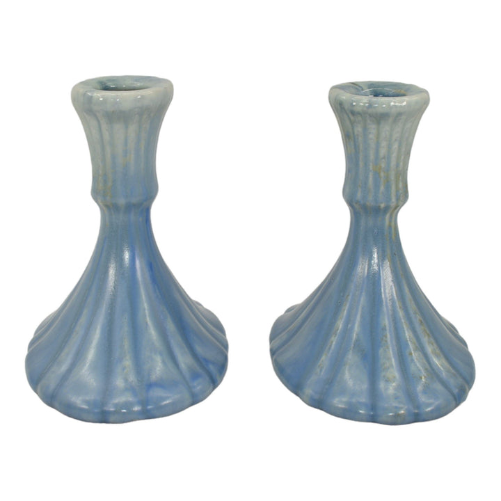 Roseville Tourmaline Blue 1933 Vintage Art Pottery Ceramic Candle Holders 1089-4 - Just Art Pottery