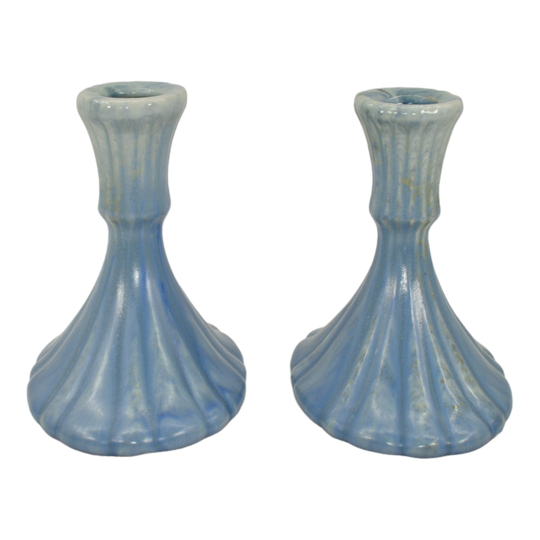 Roseville Tourmaline Blue 1933 Vintage Art Pottery Ceramic Candle Holders 1089-4 - Just Art Pottery