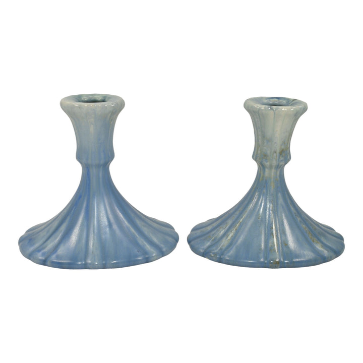 Roseville Tourmaline Blue 1933 Vintage Art Pottery Ceramic Candle Holders 1089-4 - Just Art Pottery