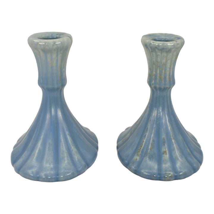 Roseville Tourmaline Blue 1933 Vintage Art Pottery Ceramic Candle Holders 1089-4 - Just Art Pottery