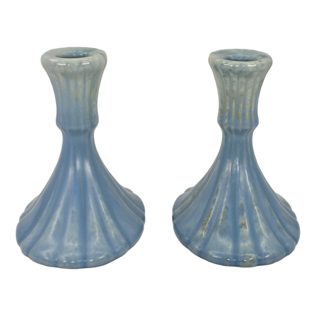Roseville Tourmaline Blue 1933 Vintage Art Pottery Ceramic Candle Holders 1089-4 - Just Art Pottery