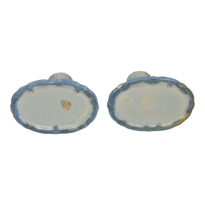 Roseville Tourmaline Blue 1933 Vintage Art Pottery Ceramic Candle Holders 1089-4 - Just Art Pottery