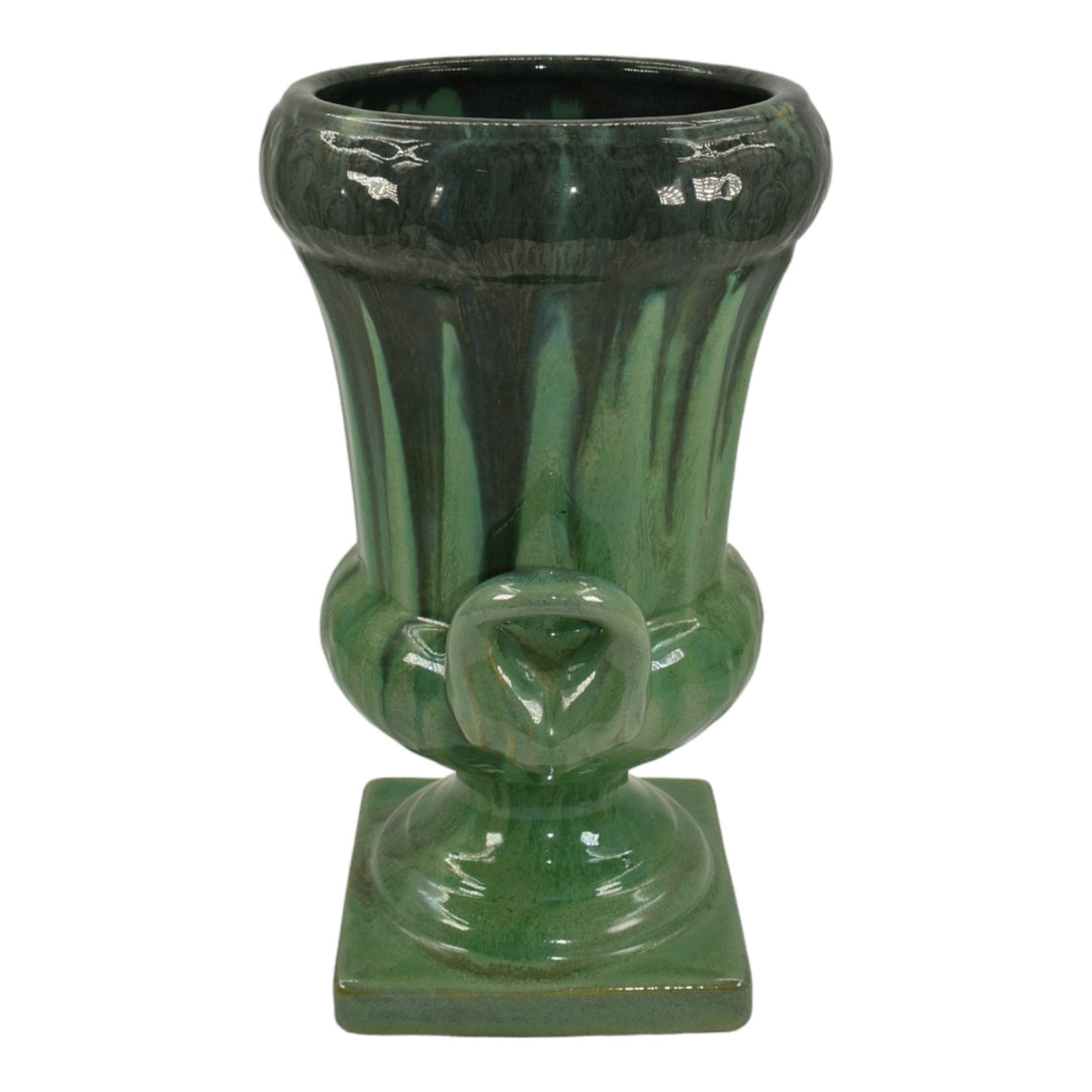 Fulper 1931-34 Art Deco Pottery Handled Flambe Green Ceramic Urn Vase 4017