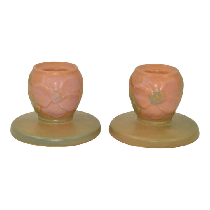 Weller Wild Rose 1930s Vintage Art Pottery Matte Orange Ceramic Candle Holders