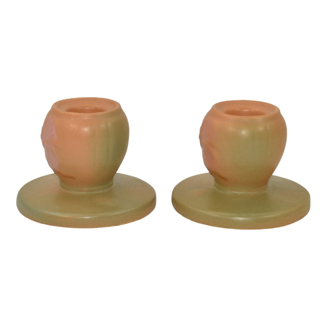 Weller Wild Rose 1930s Vintage Art Pottery Matte Orange Ceramic Candle Holders