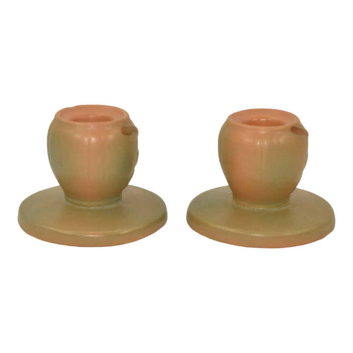 Weller Wild Rose 1930s Vintage Art Pottery Matte Orange Ceramic Candle Holders