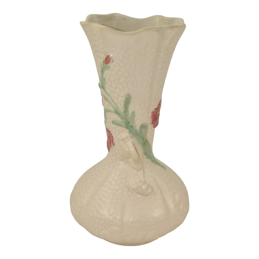 Weller Delsa 1930s Vintage Art Pottery White With Red Carnations Ceramic Vase - Just Art Pottery