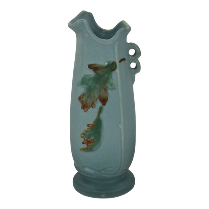 Weller Oak Leaf 1930s Vintage Art Deco Pottery Matte Blue Handled Ceramic Vase