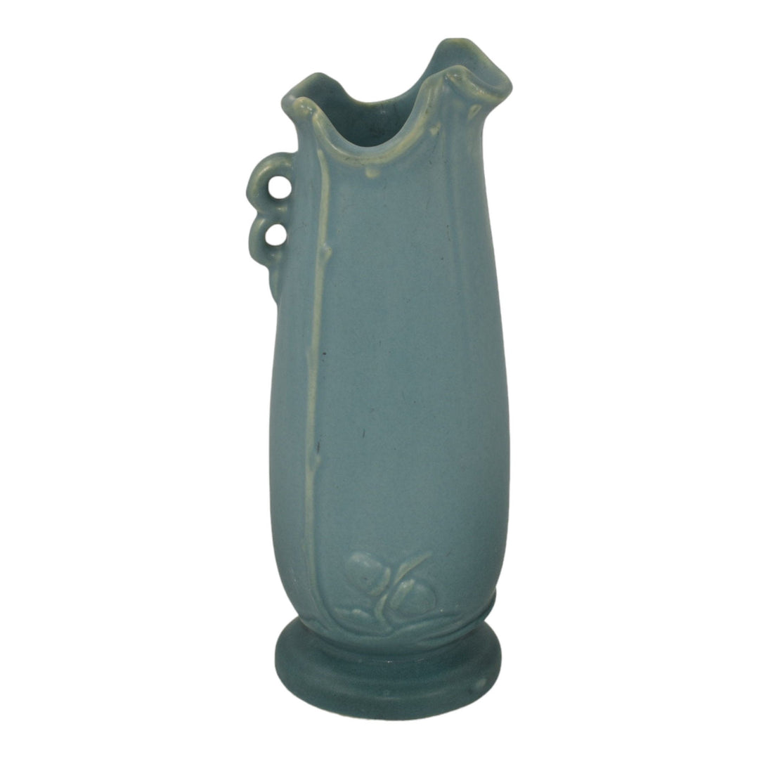 Weller Oak Leaf 1930s Vintage Art Deco Pottery Matte Blue Handled Ceramic Vase