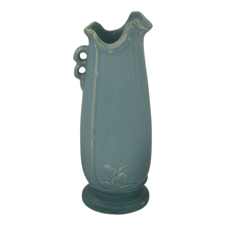 Weller Oak Leaf 1930s Vintage Art Deco Pottery Matte Blue Handled Ceramic Vase