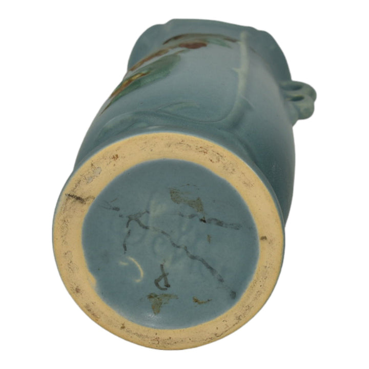 Weller Oak Leaf 1930s Vintage Art Deco Pottery Matte Blue Handled Ceramic Vase