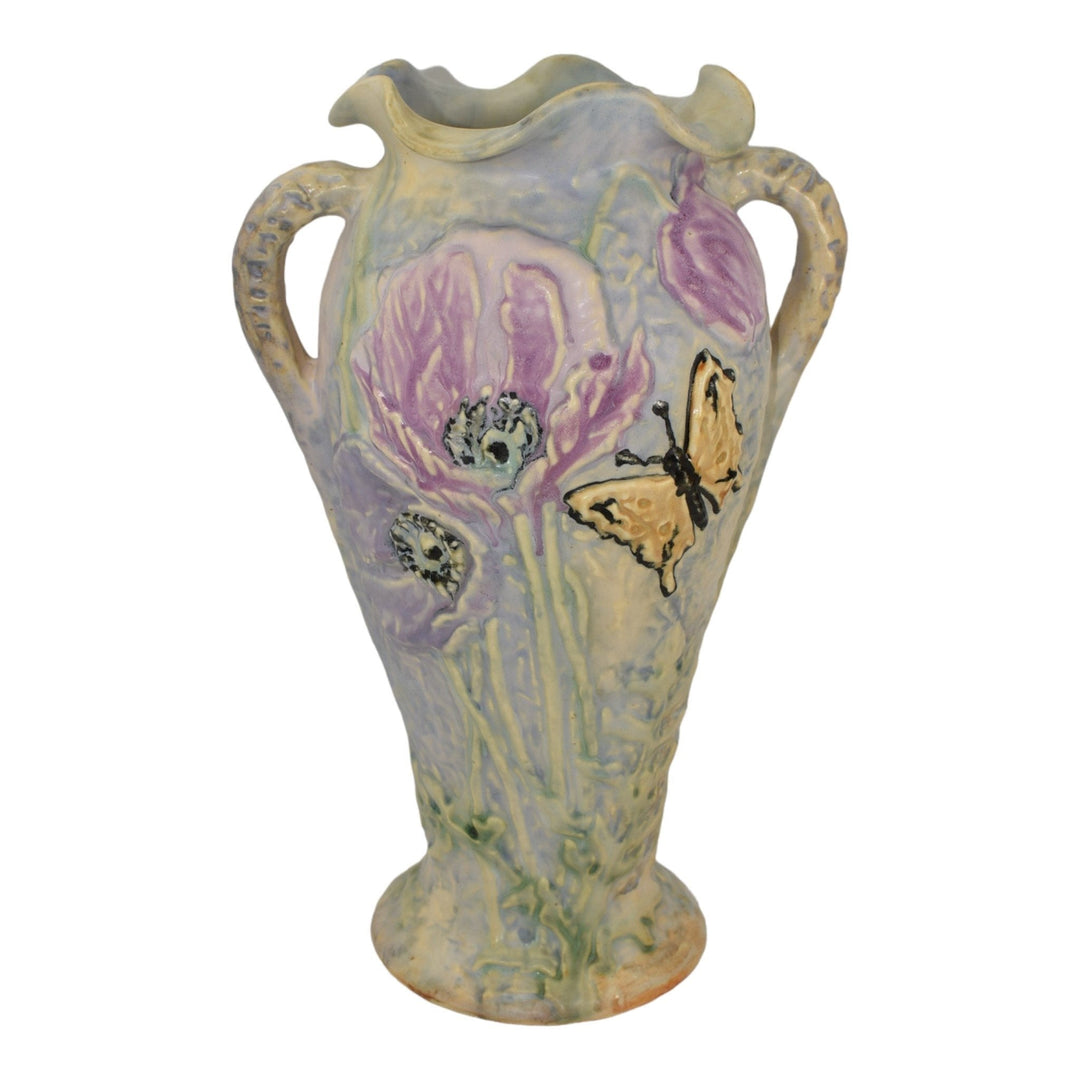 Weller Silvertone 1920s Vintage Pottery Pastel Poppies Butterflies Ceramic Vase