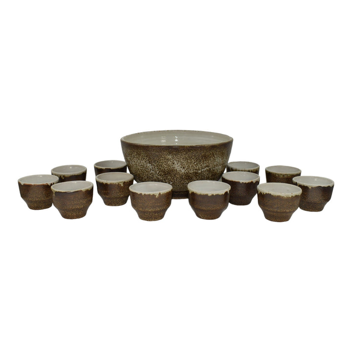 Pigeon Forge Tennessee 1984 Modern Deco Art Pottery Brown Punch Bowl Twelve Cups - Just Art Pottery