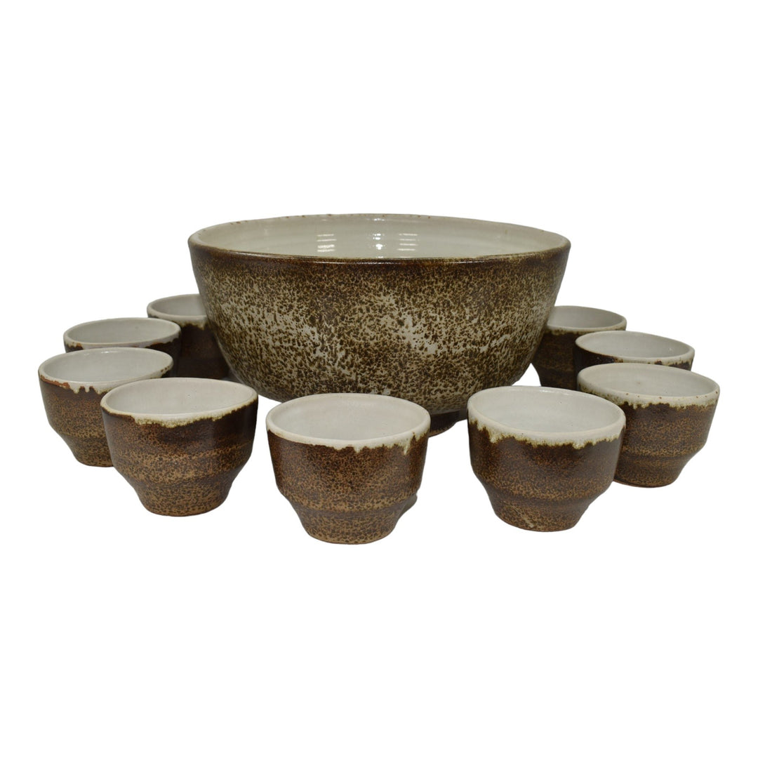 Pigeon Forge Tennessee 1984 Modern Deco Art Pottery Brown Punch Bowl Twelve Cups - Just Art Pottery