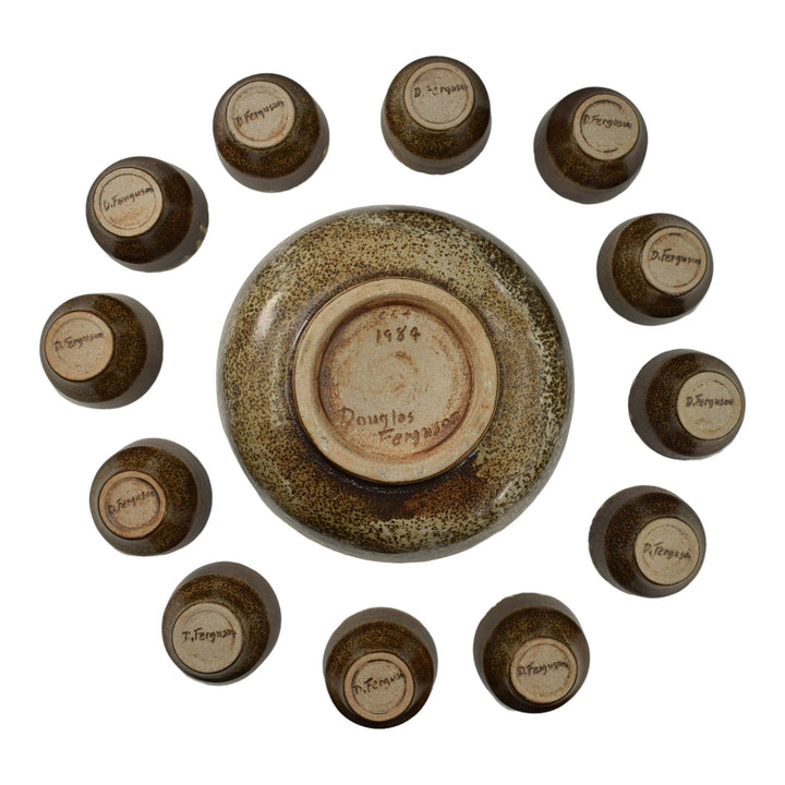 Pigeon Forge Tennessee 1984 Modern Deco Art Pottery Brown Punch Bowl Twelve Cups - Just Art Pottery