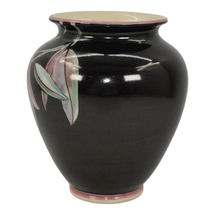 Santa Barbara Ceramic Design 1984 Pottery Hand Painted Leaves Black Vase Ba Han