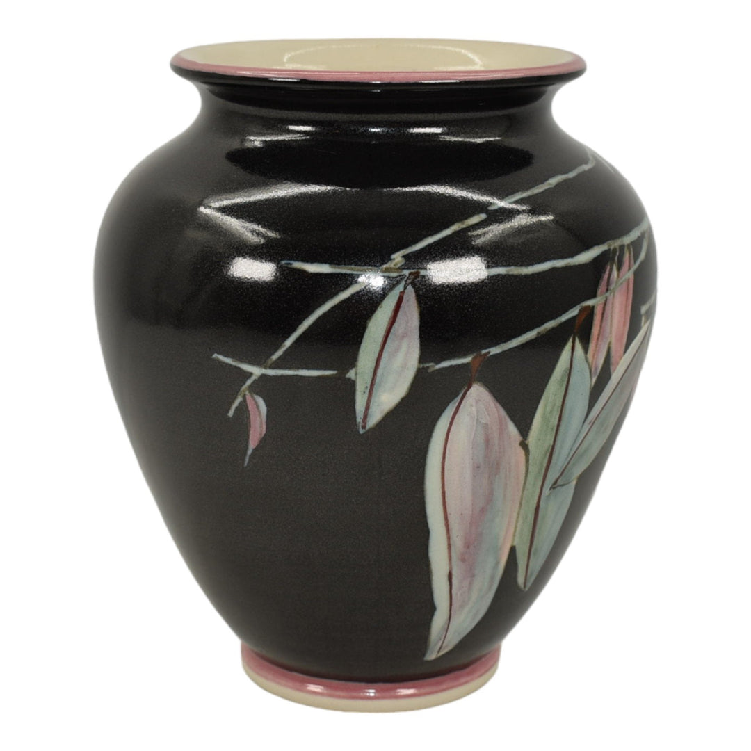 Santa Barbara Ceramic Design 1984 Pottery Hand Painted Leaves Black Vase Ba Han