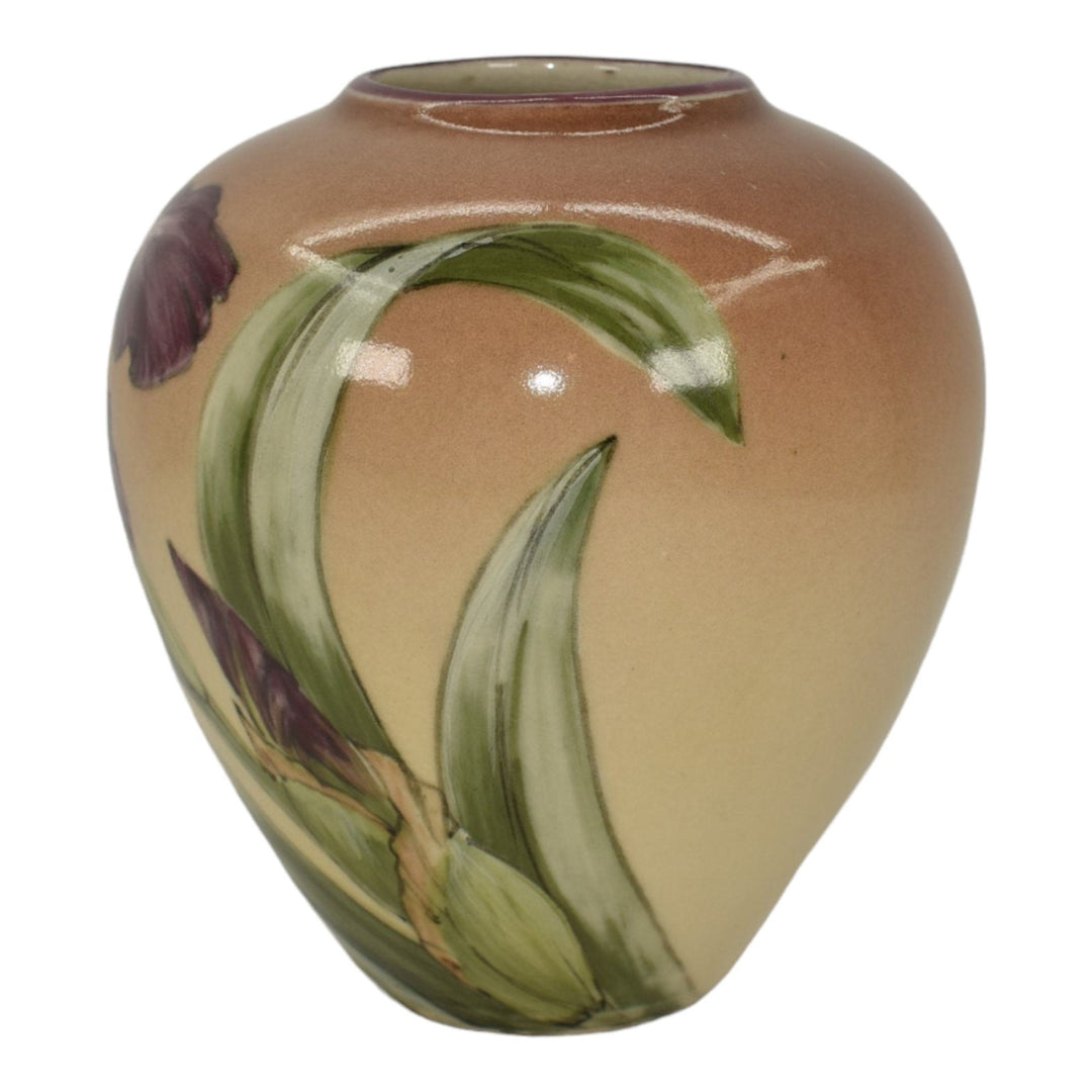 Santa Barbara Ceramic Design 1985 Pottery Hand Painted Purple Iris Vase Sargent - Just Art Pottery