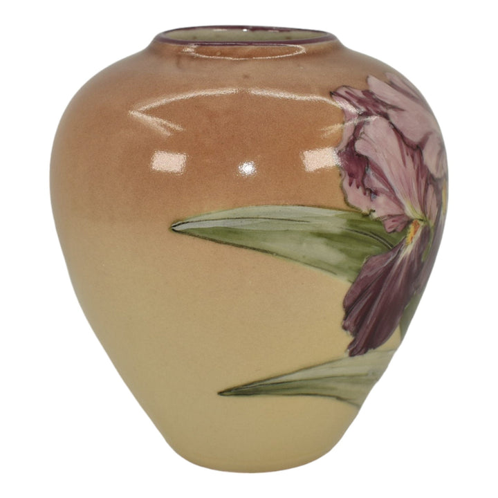 Santa Barbara Ceramic Design 1985 Pottery Hand Painted Purple Iris Vase Sargent - Just Art Pottery