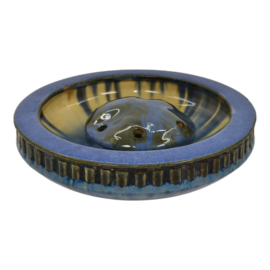 Fulper 1909-17 Arts And Crafts Pottery Blue Ceramic Low Bowl and Flower Frog 407 - Just Art Pottery