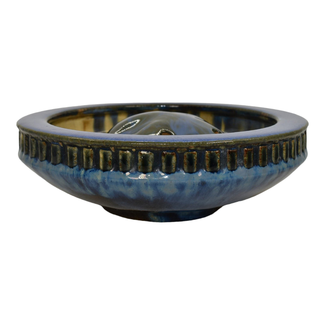 Fulper 1909-17 Arts And Crafts Pottery Blue Ceramic Low Bowl and Flower Frog 407 - Just Art Pottery