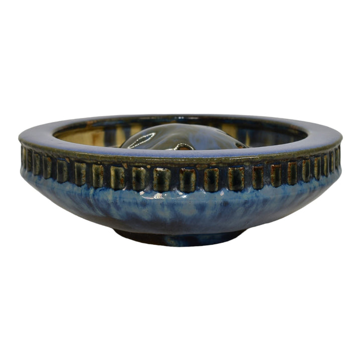 Fulper 1909-17 Arts And Crafts Pottery Blue Ceramic Low Bowl and Flower Frog 407 - Just Art Pottery