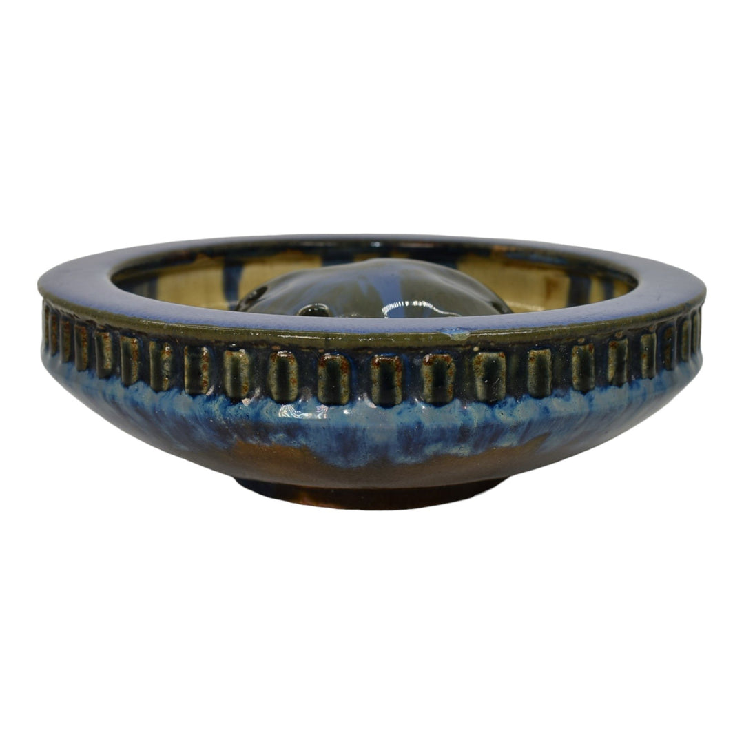Fulper 1909-17 Arts And Crafts Pottery Blue Ceramic Low Bowl and Flower Frog 407 - Just Art Pottery