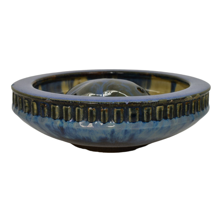 Fulper 1909-17 Arts And Crafts Pottery Blue Ceramic Low Bowl and Flower Frog 407 - Just Art Pottery