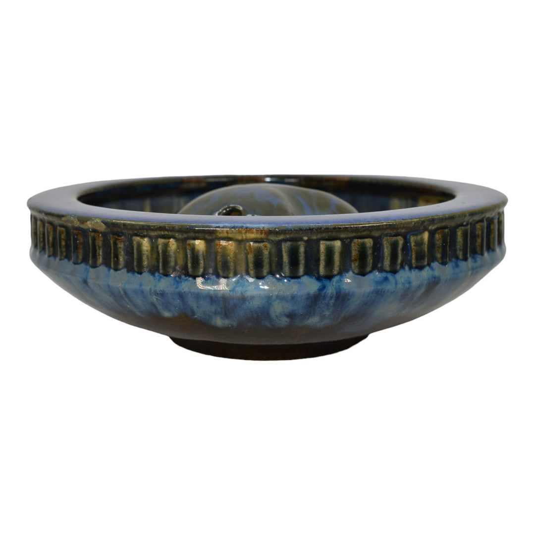 Fulper 1909-17 Arts And Crafts Pottery Blue Ceramic Low Bowl and Flower Frog 407 - Just Art Pottery