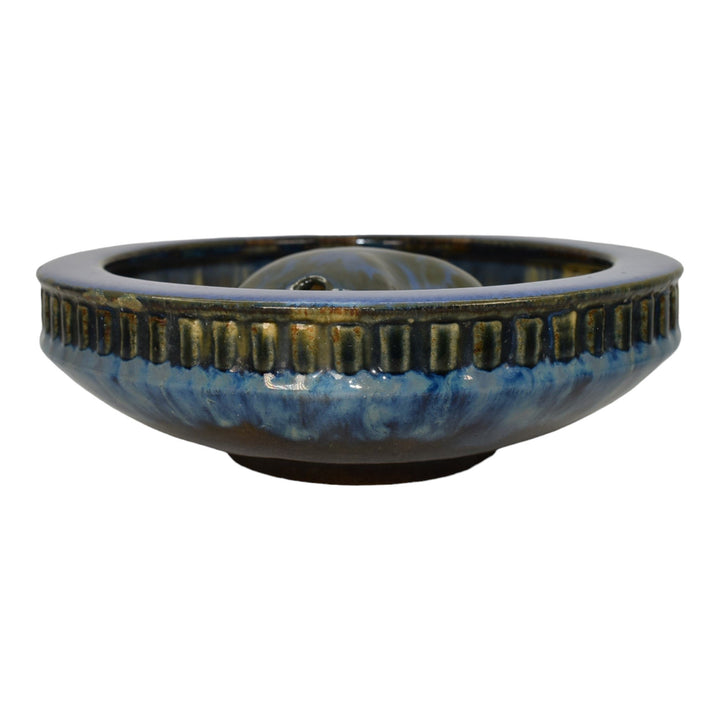 Fulper 1909-17 Arts And Crafts Pottery Blue Ceramic Low Bowl and Flower Frog 407 - Just Art Pottery