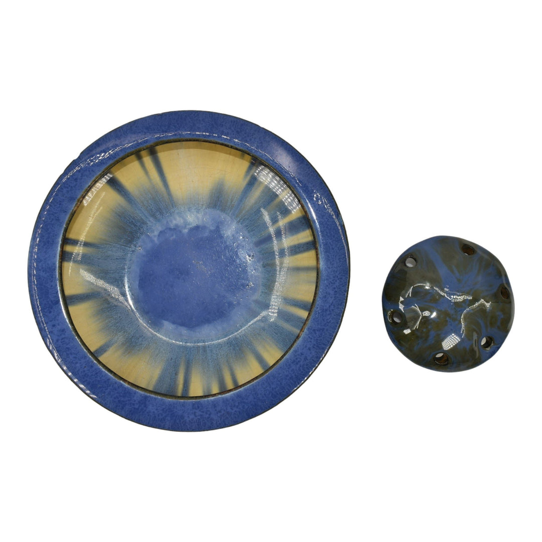 Fulper 1909-17 Arts And Crafts Pottery Blue Ceramic Low Bowl and Flower Frog 407 - Just Art Pottery
