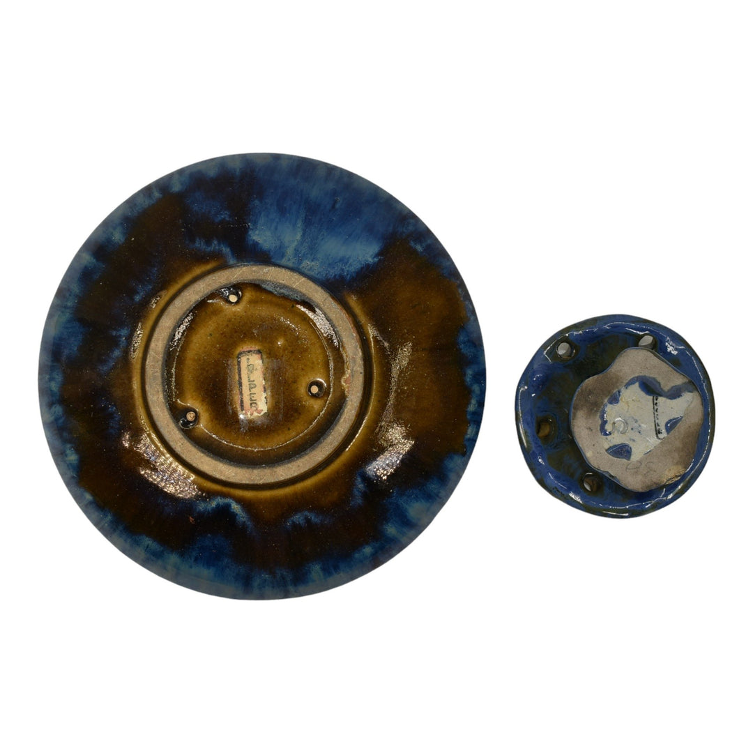 Fulper 1909-17 Arts And Crafts Pottery Blue Ceramic Low Bowl and Flower Frog 407 - Just Art Pottery