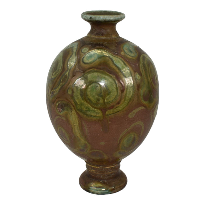 Brian A. Moore Studio Modern Deco Art Pottery Bulbous Green Swirl Ceramic Vase