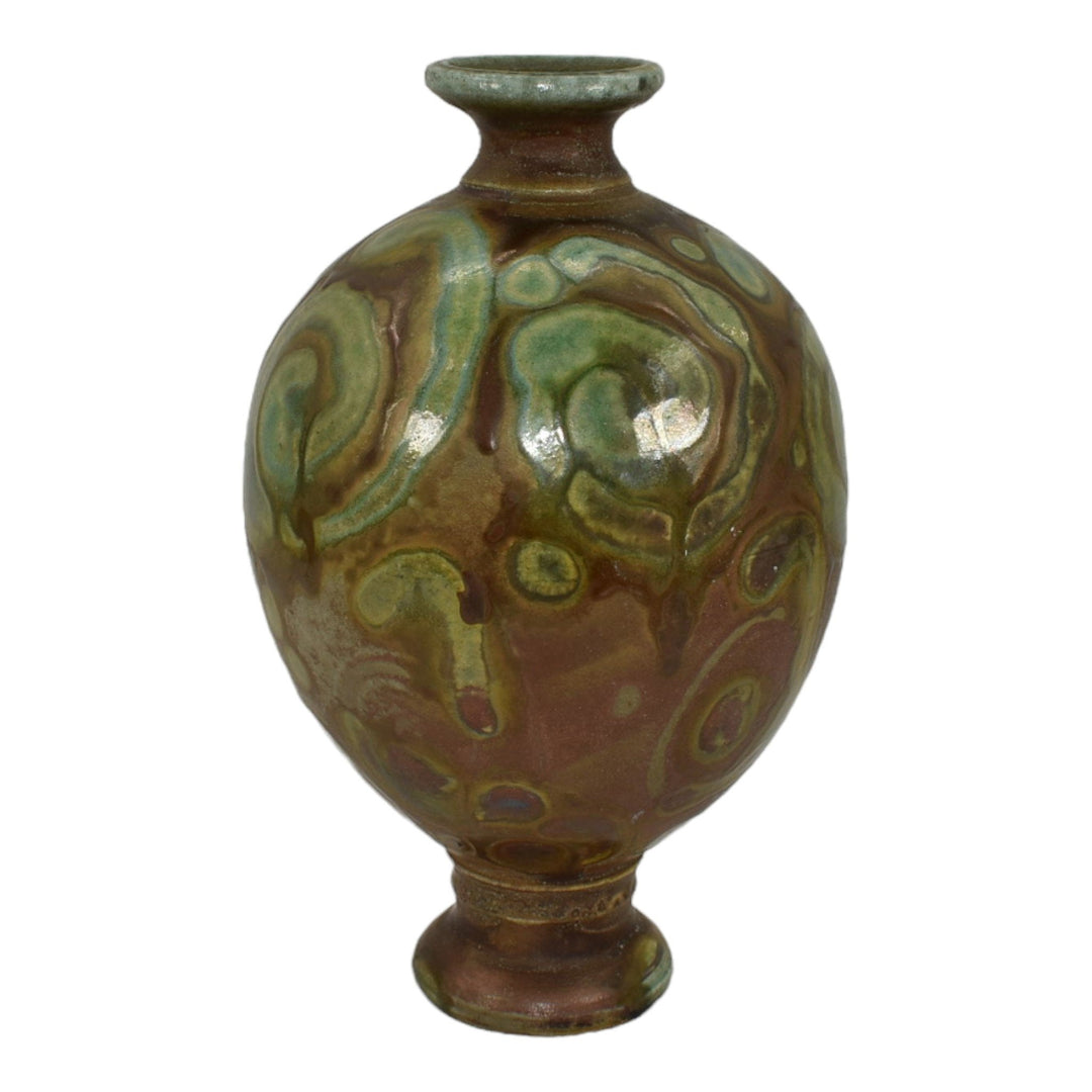 Brian A. Moore Studio Modern Deco Art Pottery Bulbous Green Swirl Ceramic Vase