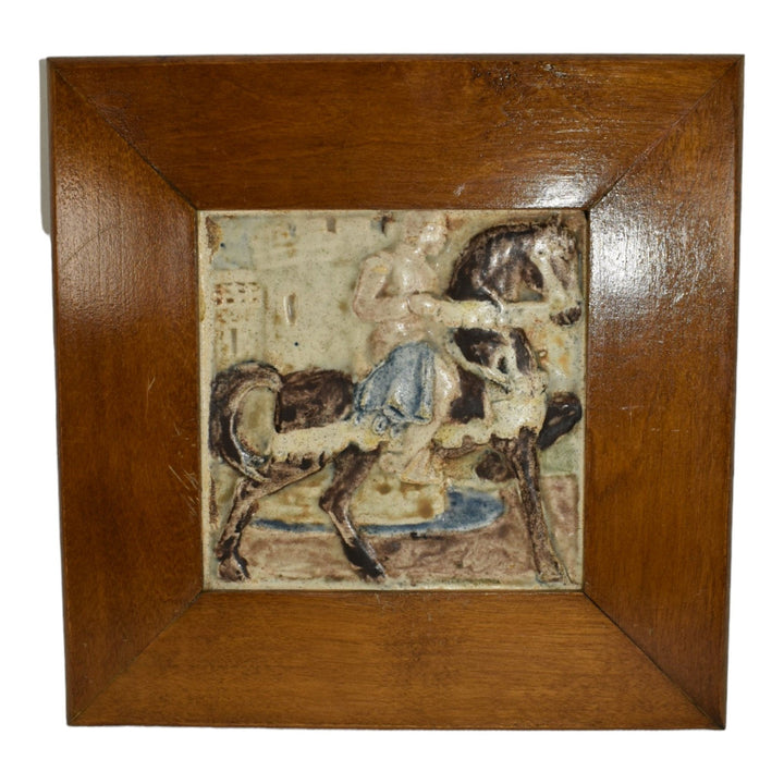 California Art Tile Co Pottery Vintage Knight On Horseback Framed Ceramic Tile - Just Art Pottery