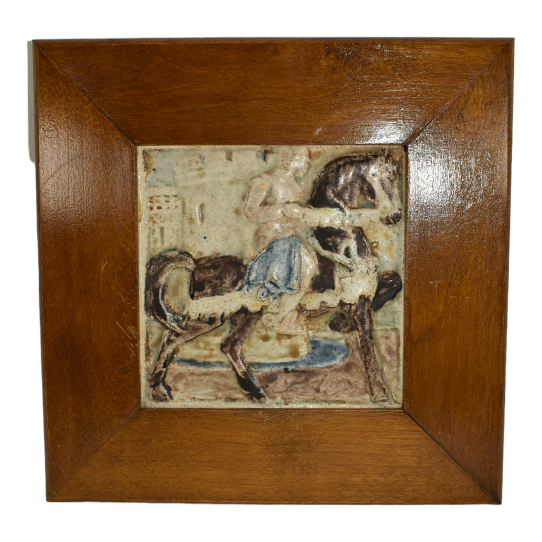 California Art Tile Co Pottery Vintage Knight On Horseback Framed Ceramic Tile - Just Art Pottery