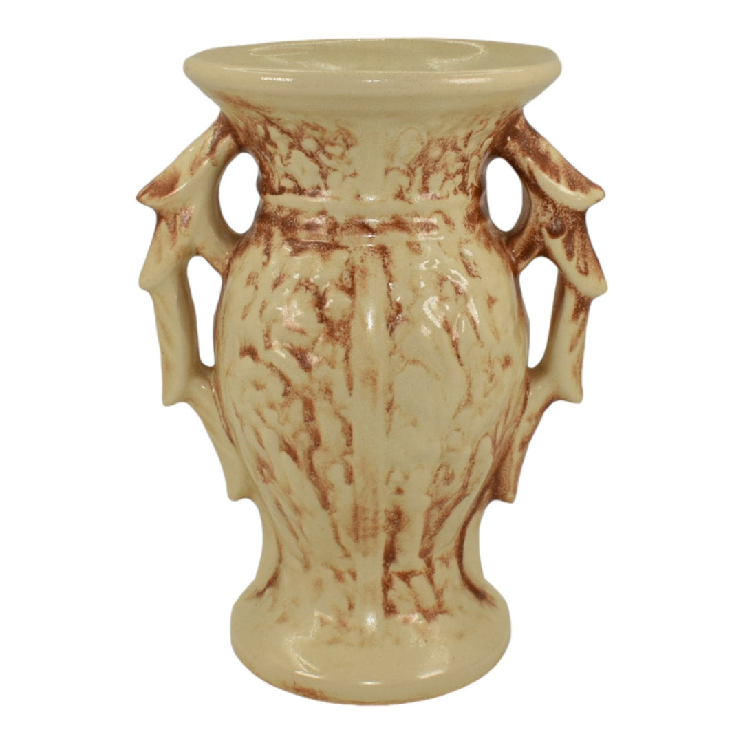 McCoy 1947 Mid Century Modern Art Pottery Ivory Brown Rustic Handled Vase 280 - Just Art Pottery
