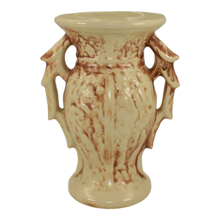 McCoy 1947 Mid Century Modern Art Pottery Ivory Brown Rustic Handled Vase 280 - Just Art Pottery
