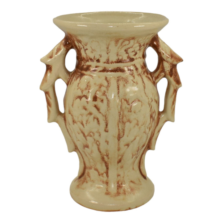 McCoy 1947 Mid Century Modern Art Pottery Ivory Brown Rustic Handled Vase 280 - Just Art Pottery