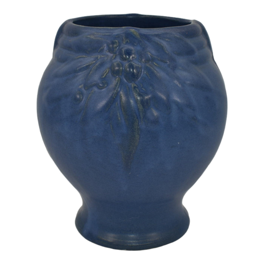 McCoy 1930s Art Pottery Berries And Leaves Matte Blue Ceramic Vase Shape 10 - Just Art Pottery