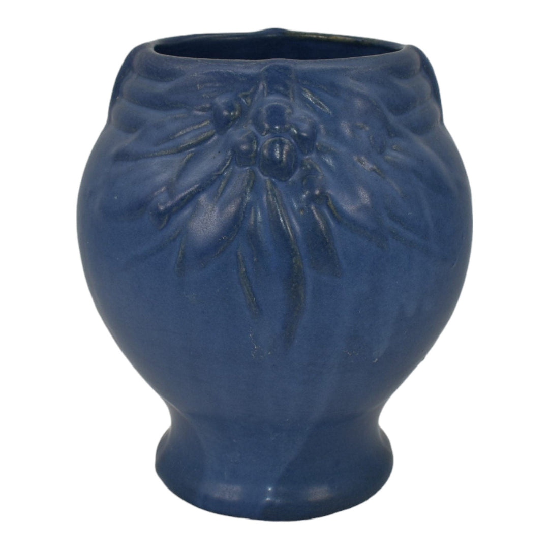 McCoy 1930s Art Pottery Berries And Leaves Matte Blue Ceramic Vase Shape 10 - Just Art Pottery