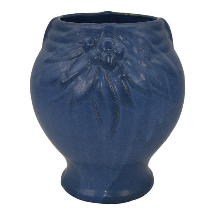 McCoy 1930s Art Pottery Berries And Leaves Matte Blue Ceramic Vase Shape 10 - Just Art Pottery