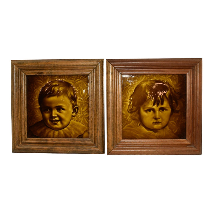 AETCO American Encaustic Art Pottery Child Portrait Brown Ceramic Framed Tiles