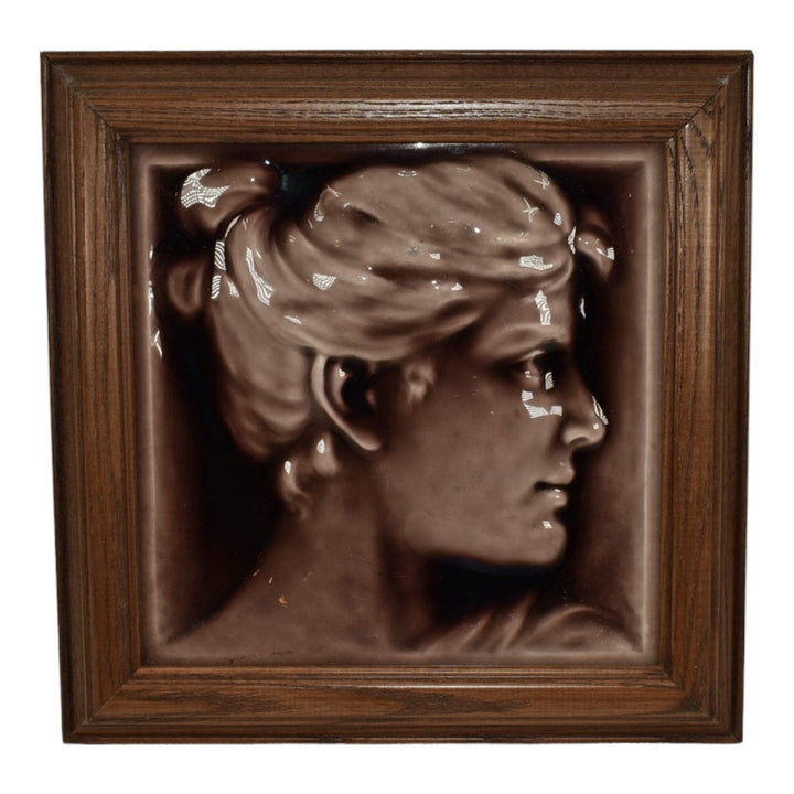 AETCO American Encaustic Pottery Brown Woman Portrait Ceramic Framed Tile