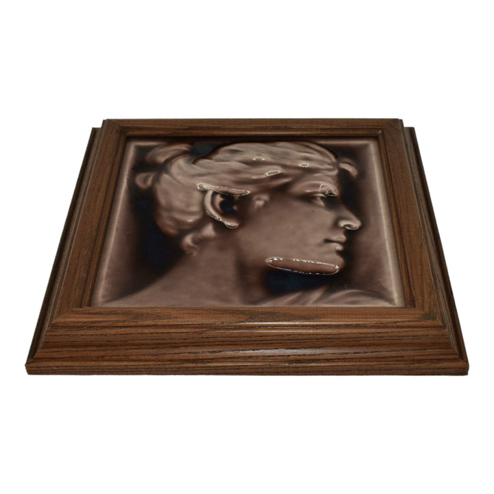 AETCO American Encaustic Pottery Brown Woman Portrait Ceramic Framed Tile - Just Art Pottery
