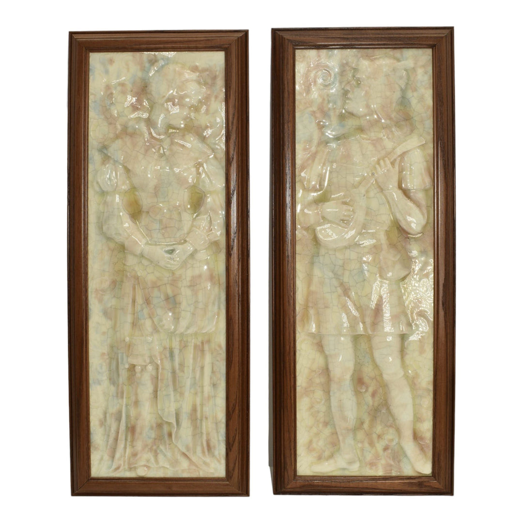 AETCO American Encaustic Art Pottery Maiden And Musician Ceramic Framed Tiles - Just Art Pottery