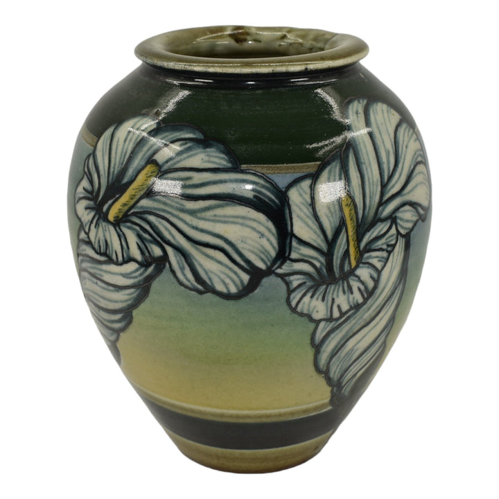 Santa Barbara Ceramic Design 1979 Pottery Floral Green Hand Painted Vase Crea - Just Art Pottery