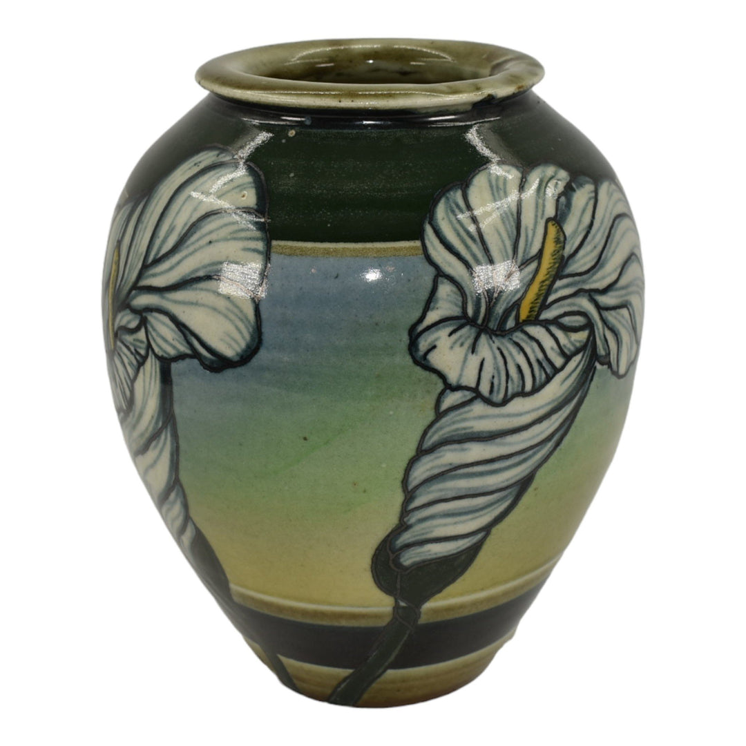 Santa Barbara Ceramic Design 1979 Pottery Floral Green Hand Painted Vase Crea - Just Art Pottery