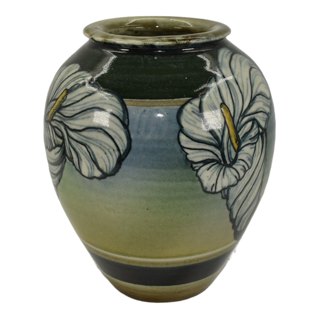 Santa Barbara Ceramic Design 1979 Pottery Floral Green Hand Painted Vase Crea - Just Art Pottery